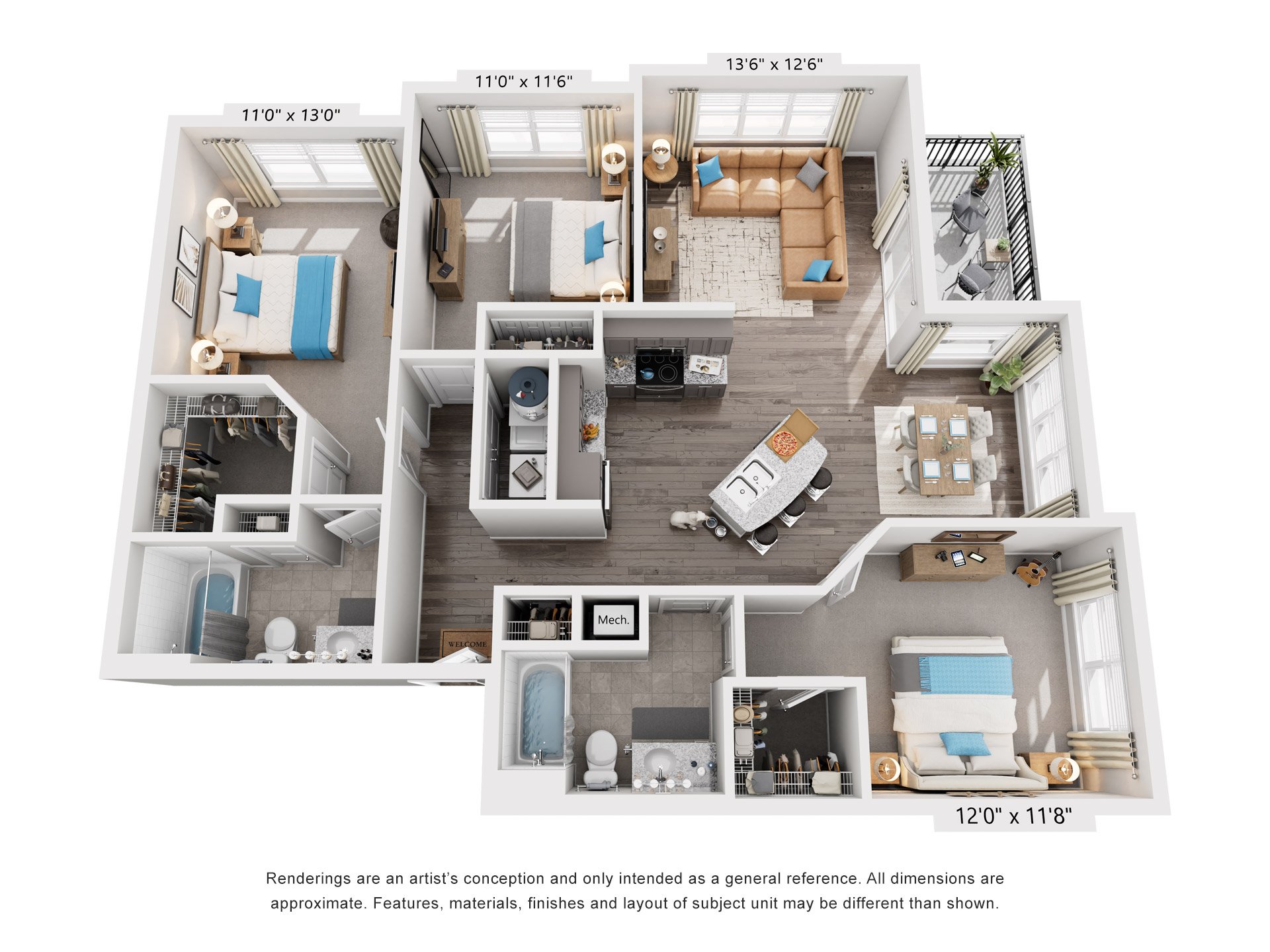 Floor plan for 3 beds, 2 baths, 1286 sqft